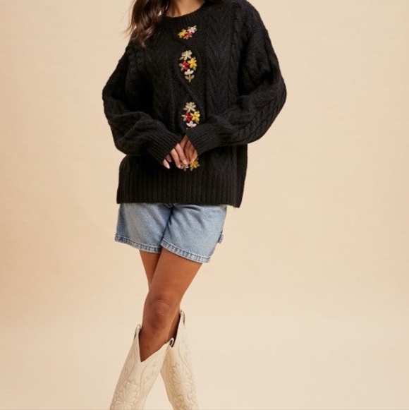 Cable Knit Pullover Black Floral Embroidered Sweater - Picture 6 of 6